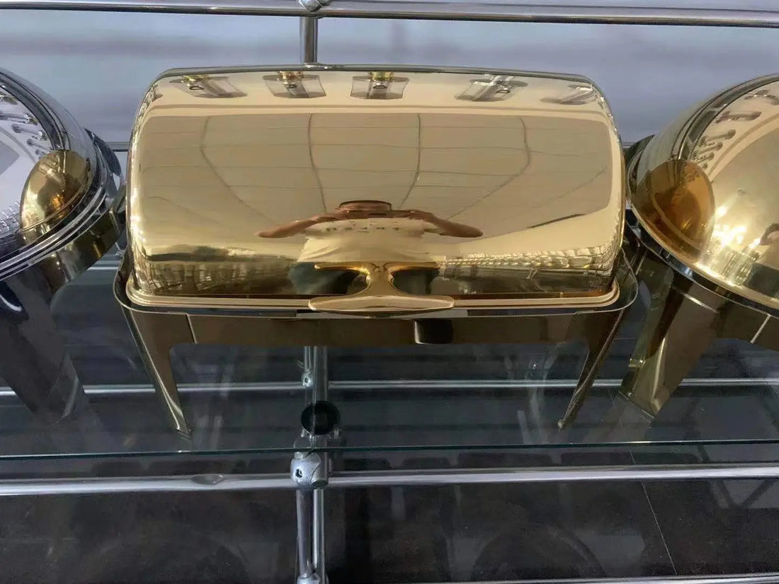 Food-graded Stainless Steel Clamshell Dinner golden Buffet Stove Stainless Steel Buffet Food Warmer Chafing Dish for hotel