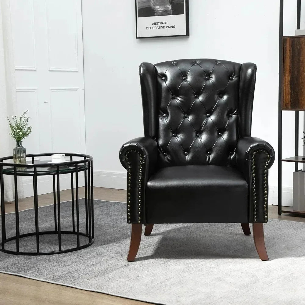 Modern PU Leather Accent Chair, Living Room Single Sofa Chair, Upholstered Arm Chair with Tufted Button Wingback , Silla