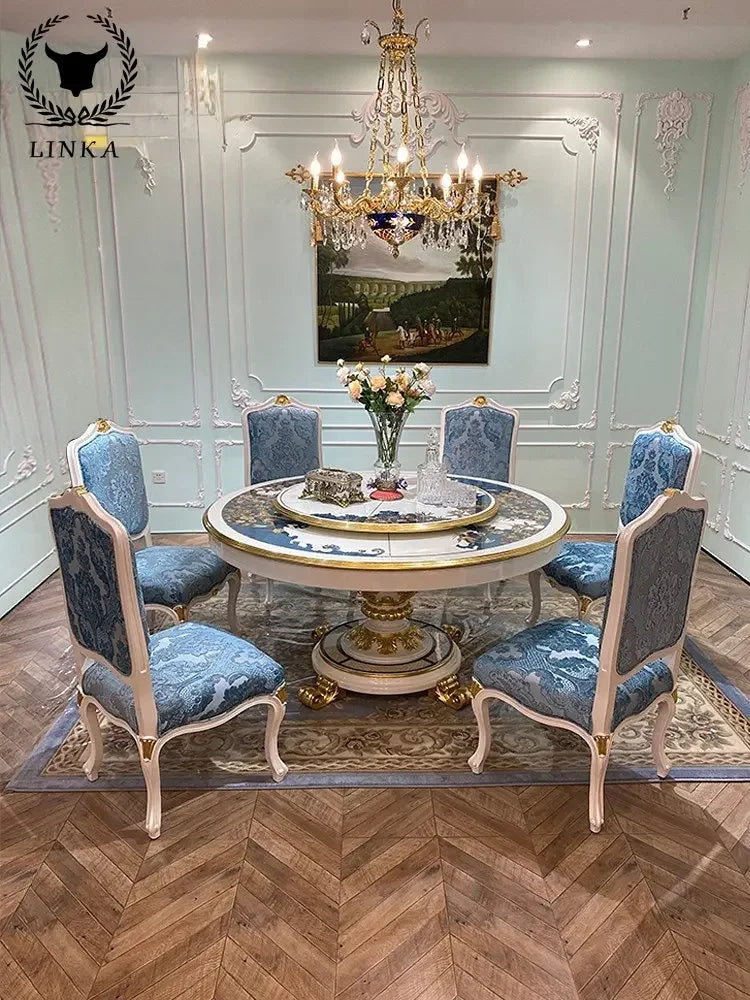 European French Romantic Round Dining Table: Solid Wood with Turntable, Perfect for Villa Living Rooms.