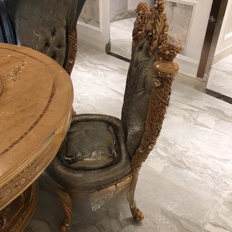European Luxury Solid Wood Carved Dining Table: Art Puzzle Design, Round with Rotary Feature, Ideal for Palace Restaurants.