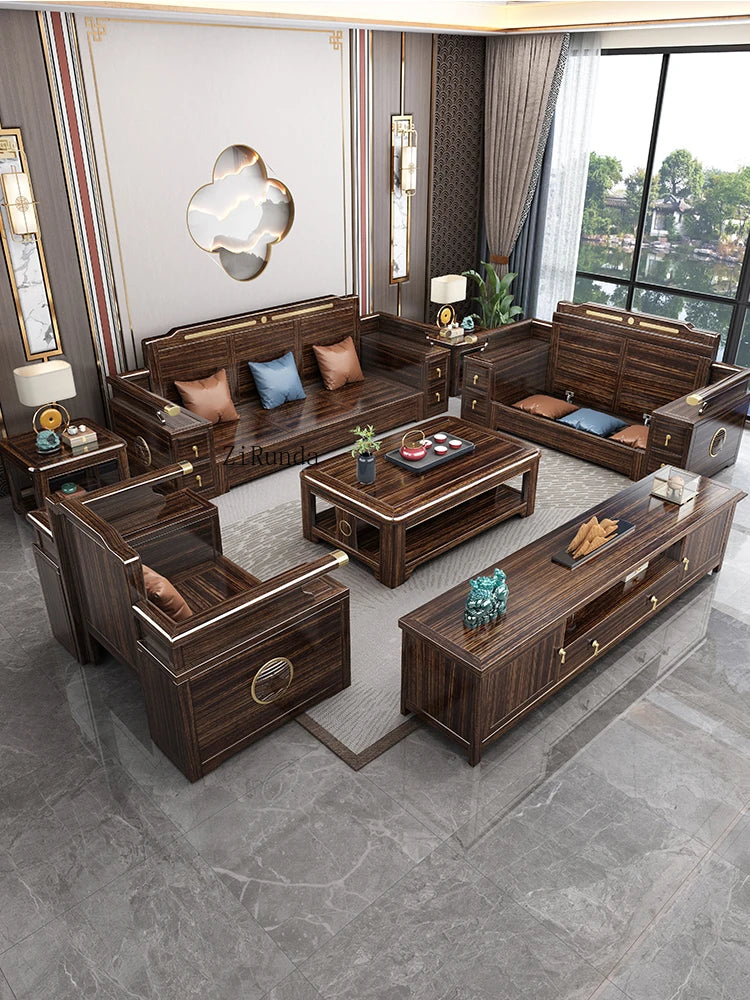 New Chinese style ebony all solid wood sofa combination villa living room, small and large unit storage sofa furniture