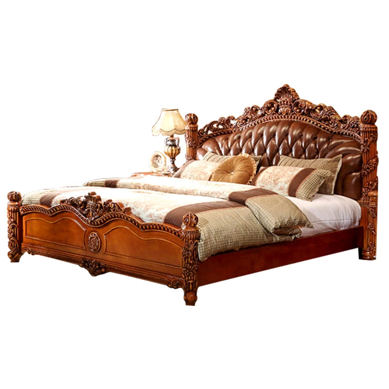 American Princess Oak Double Bed – European Style with Leather and Modern Storage.