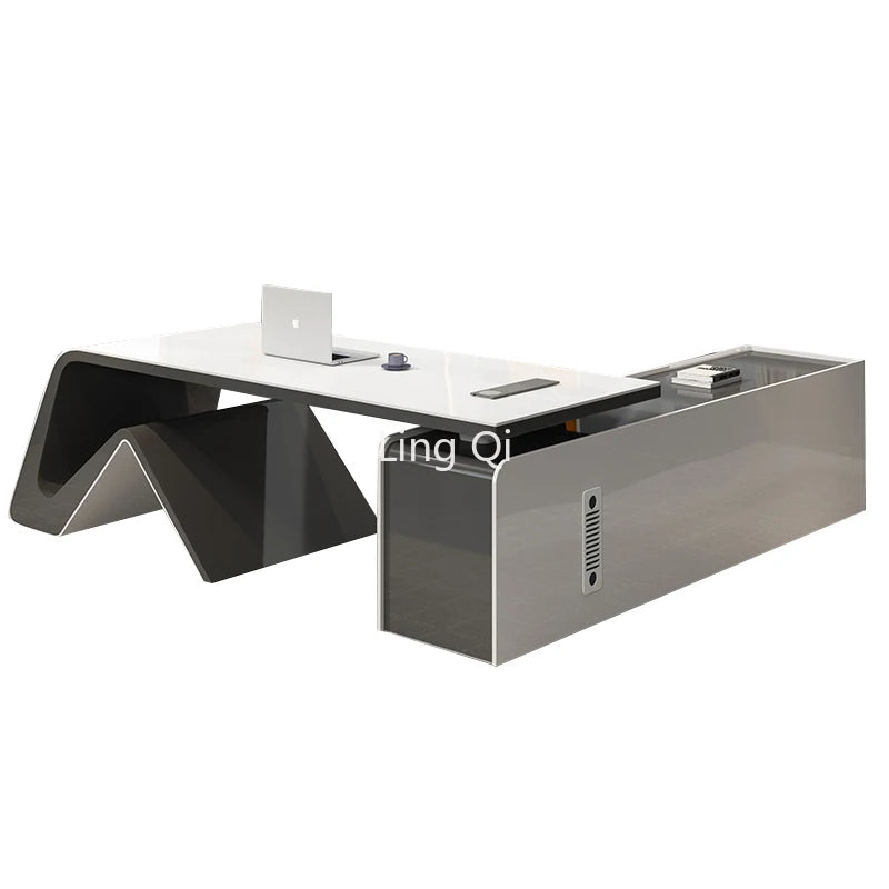 Designer modern office desk—L-shaped executive organizer,