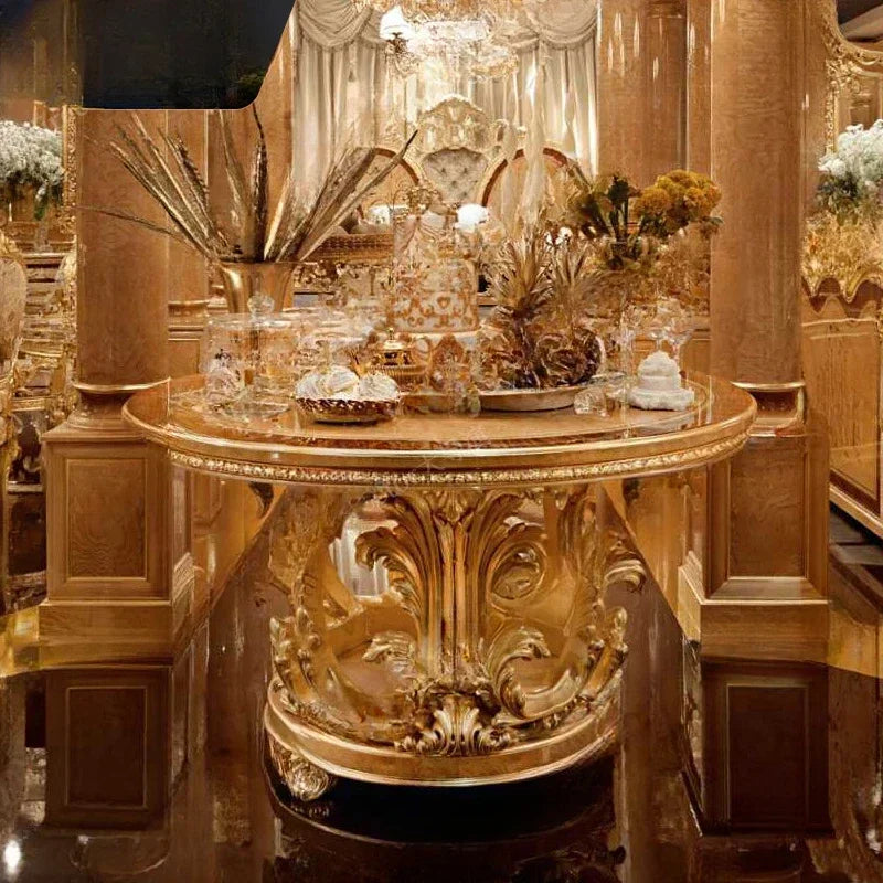 French luxury palace villa dining table, European solid wood round dining table, large unit gold foil patterned rectangular dini