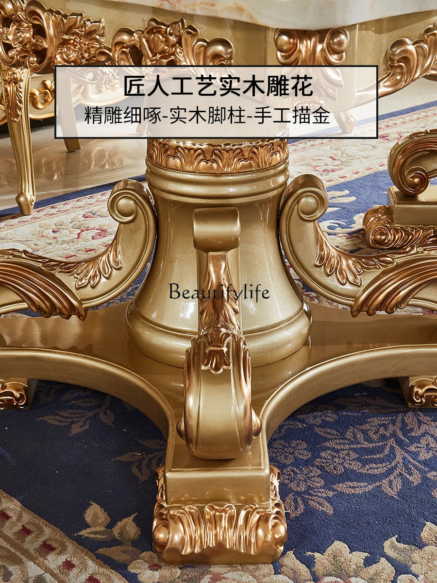 European-Style Marble Rectangular Dining Table Set: Solid Wood Carved, Large Table with Golden Accents.
