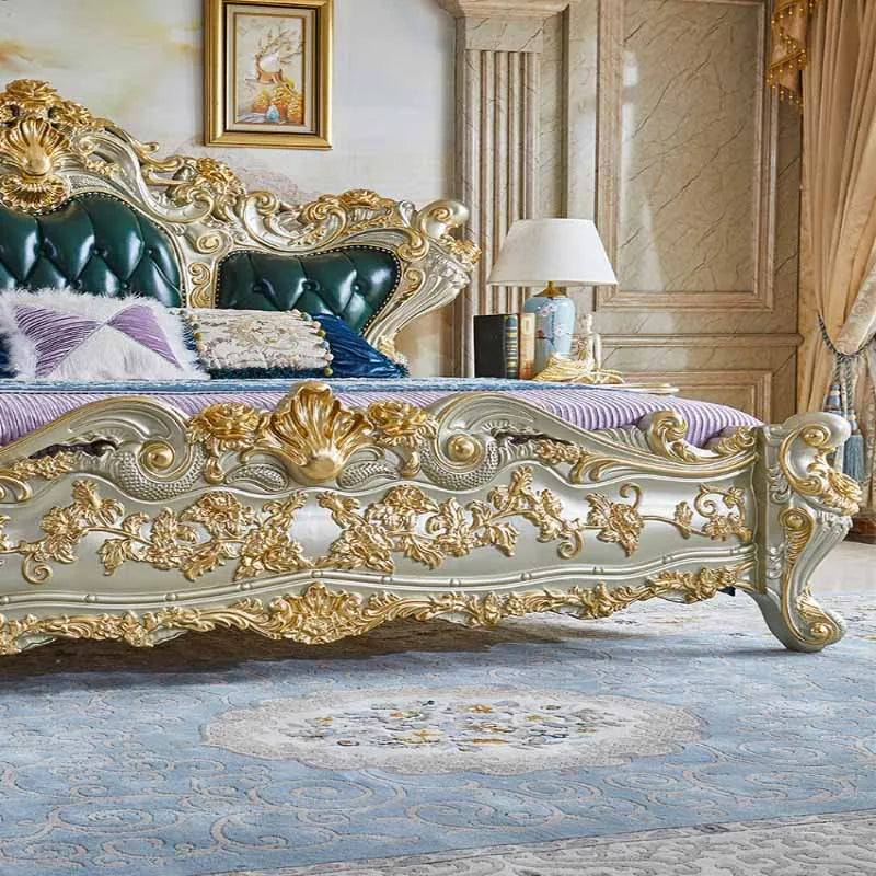 European-style solid wood king bed with genuine leather