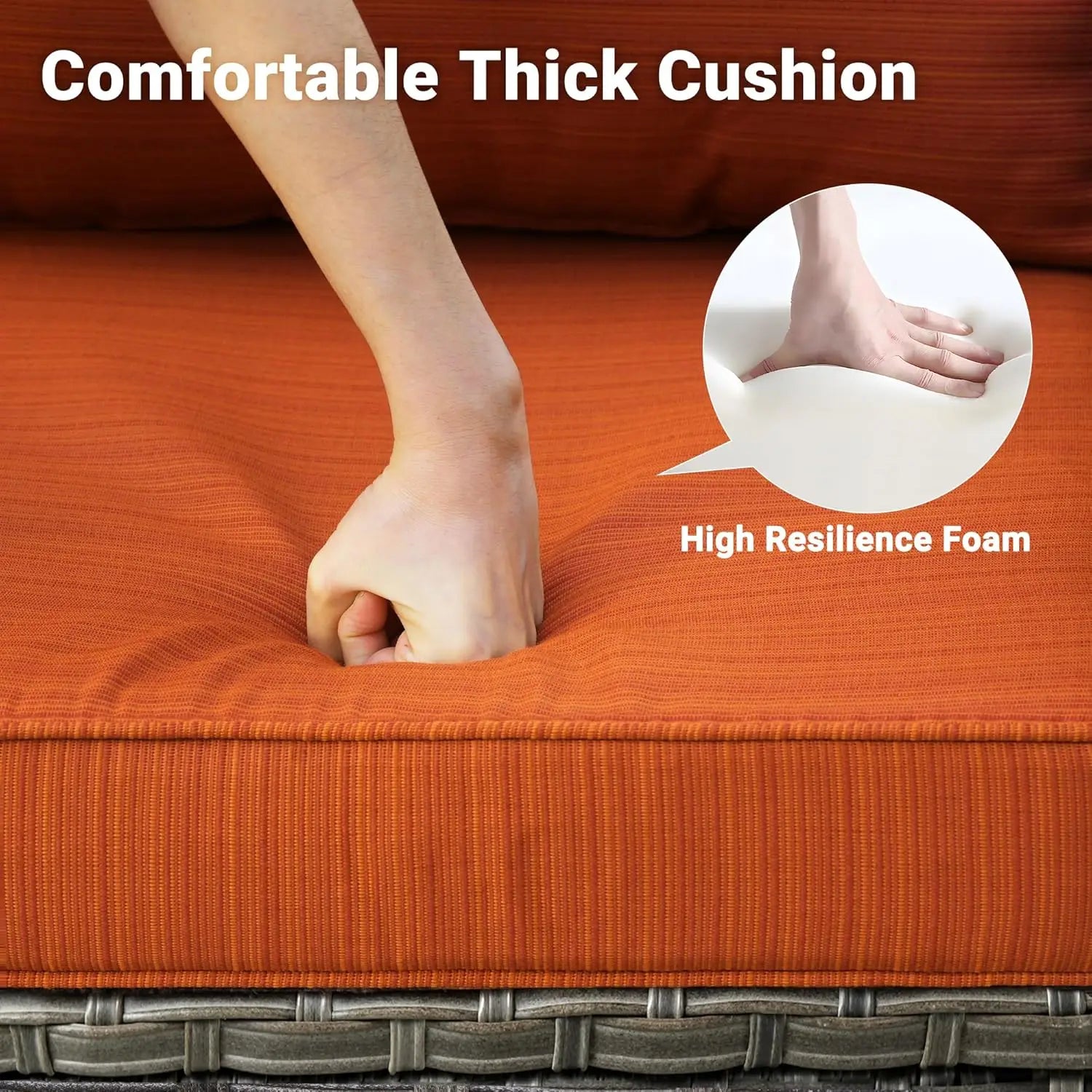 High Back Wicker Rattan Conversation Set with Fire Pit Table, Rocking Chairs, and Loveseat.