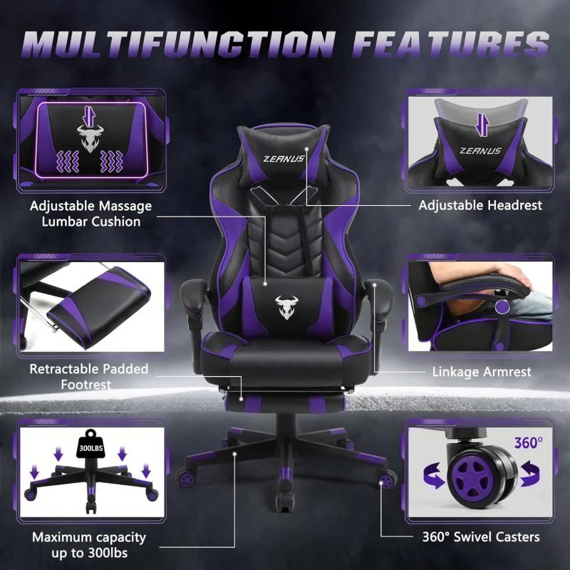Gaming Chair Reclining Computer Chair w/ Footrest High Back Gamer Chair w/Massage Large Gaming Chair Racing Style Chair