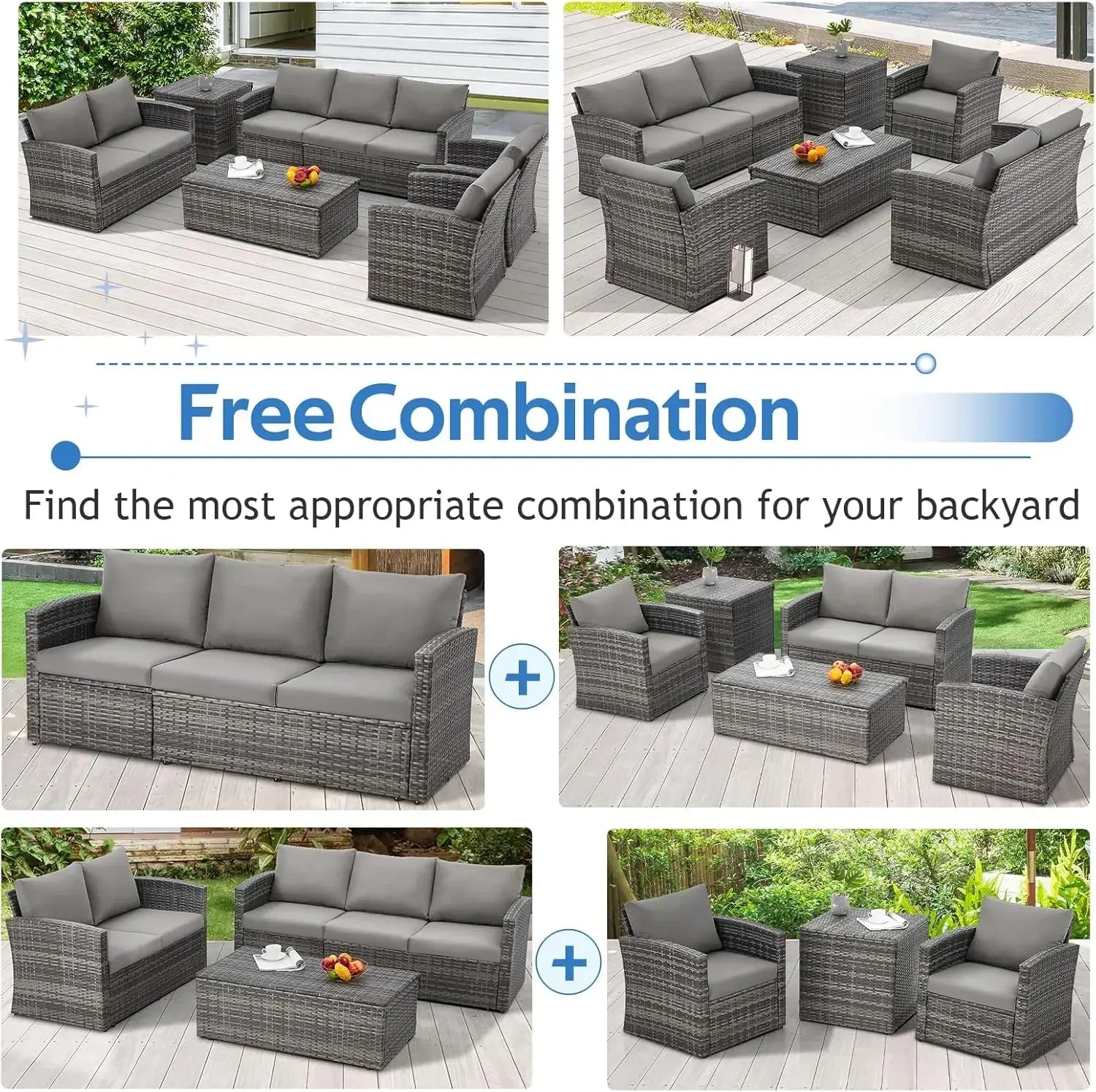 7-Piece Outdoor Patio Furniture Set with Two Storage Boxes, All-Weather PE Wicker Sectional Conversation Set.