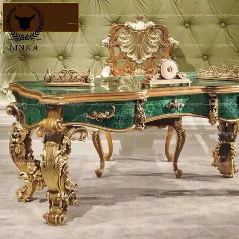 European-style solid wood gold foil  Italy luxury carved computer home desk green desk