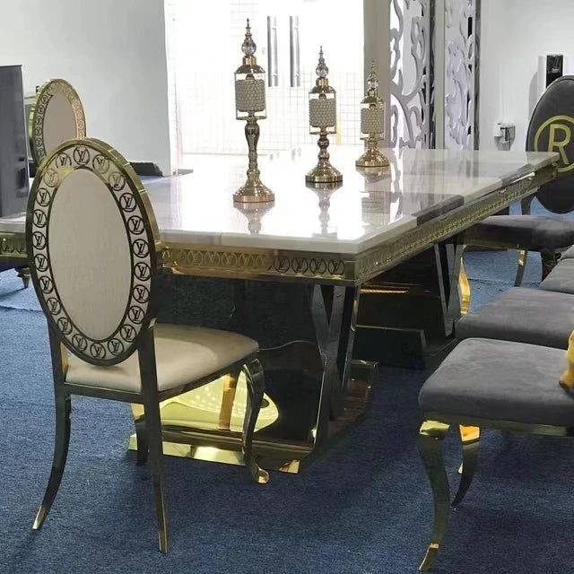 High End Luxury Lifestyle Visonnaire Gold Brass Stainless Steel Dining Table Big Rectangle Marble Table