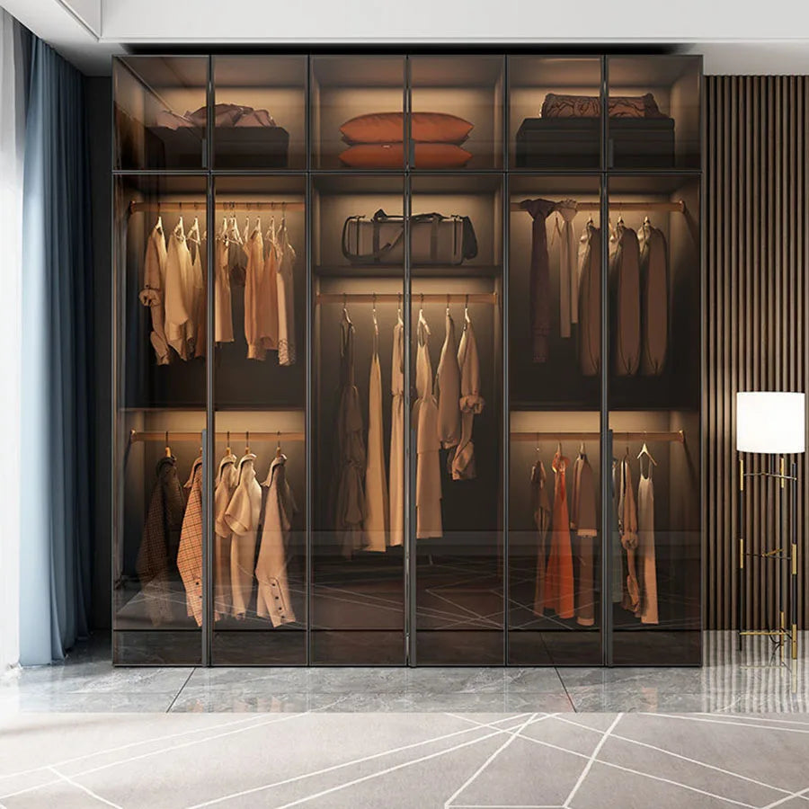 Luxury Glass Door Wardrobe – Black with Night Sensor Light and Interior Lighting