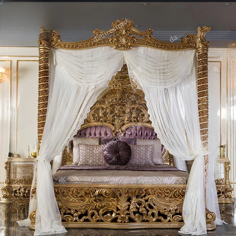 French Palace Bed – Luxury European Solid Wood, Carved, 1.8m Large, Villa and Wedding Use