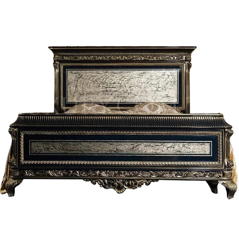 Custom solid wood European-style luxury double bed with intricate carvings