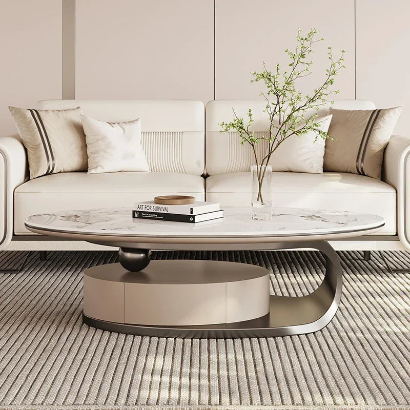 Metal Coffee Table – Ellipse Design with Italian White Marble Top