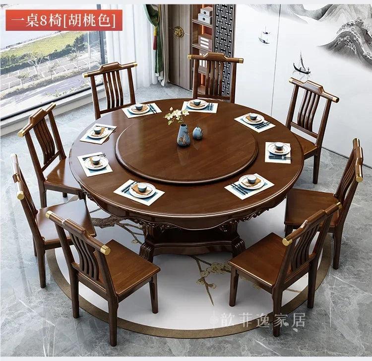 Solid wood round dining table and chair combination New Chinese style household large round hotel with turn