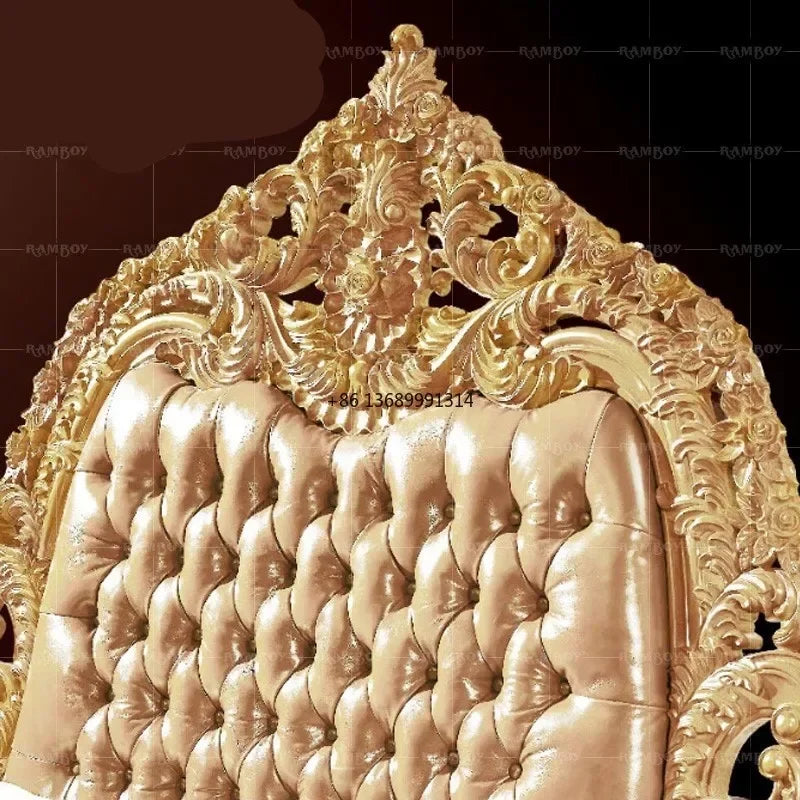 Custom European luxury leather bed, hand-carved from French solid wood