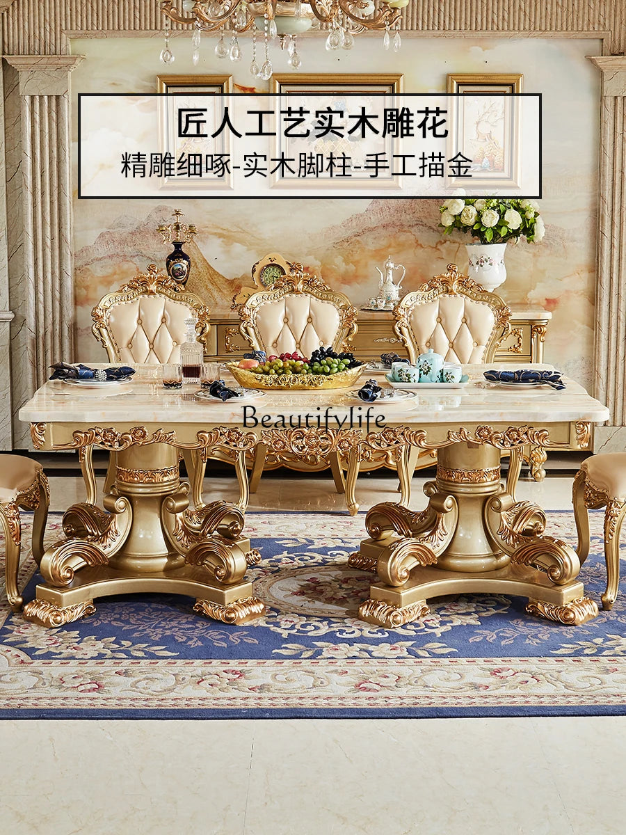 European-Style Marble Rectangular Dining Table Set: Solid Wood Carved, Large Table with Golden Accents.