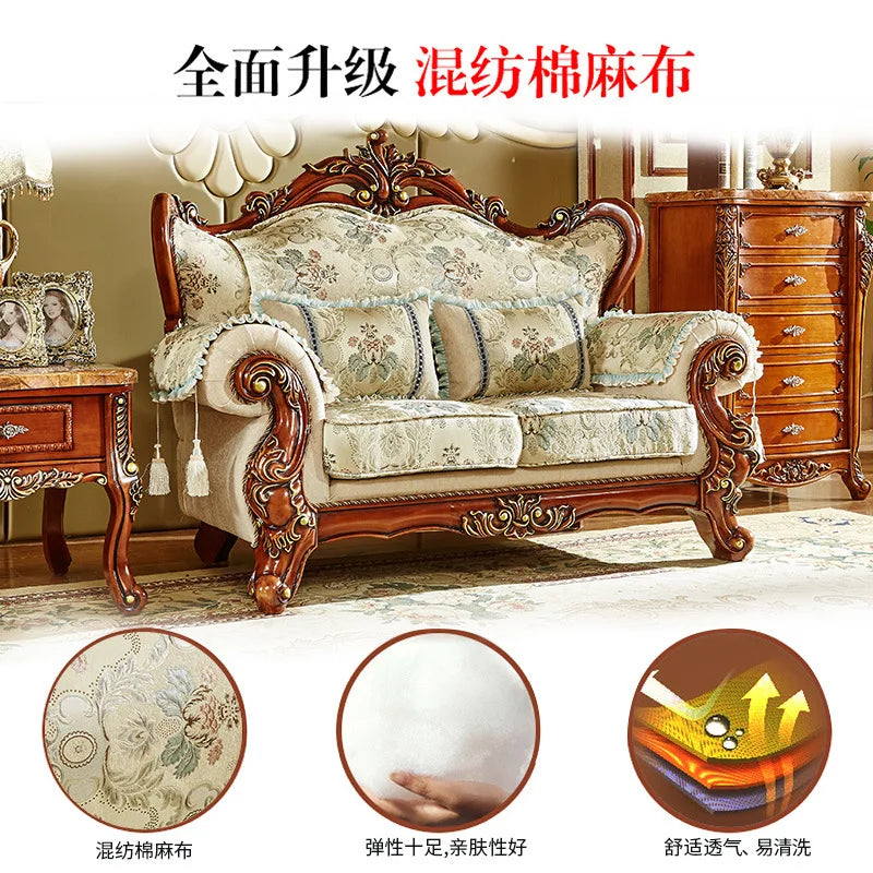 European-Style Fabric Sofa: Complete Living Room Set with Solid Wood, American Light Luxury Three-Person Sofa.
