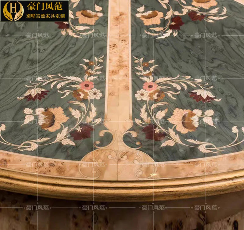 French Court Luxurious Painted Dining Set—European Solid Wood Round Table for six