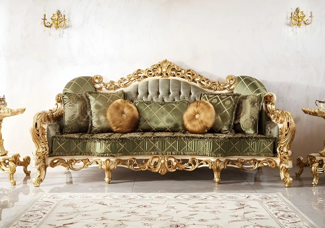 European-style solid wood fabric sofa—French villa design with gold foil carvings