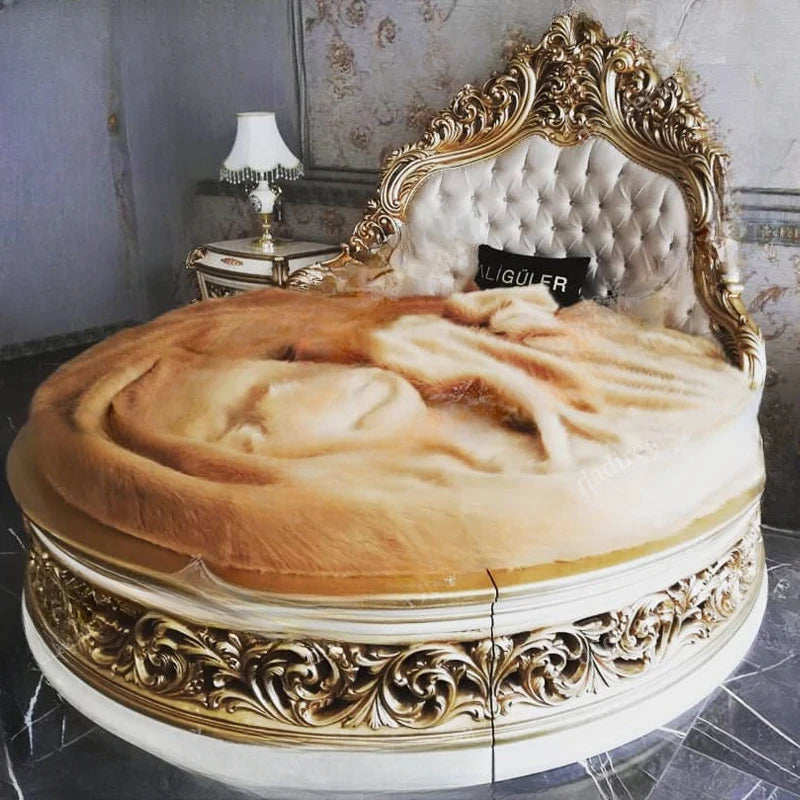 European-Style Solid Wood Round Bed – French Luxury Carved, Princess Double Marriage Bed