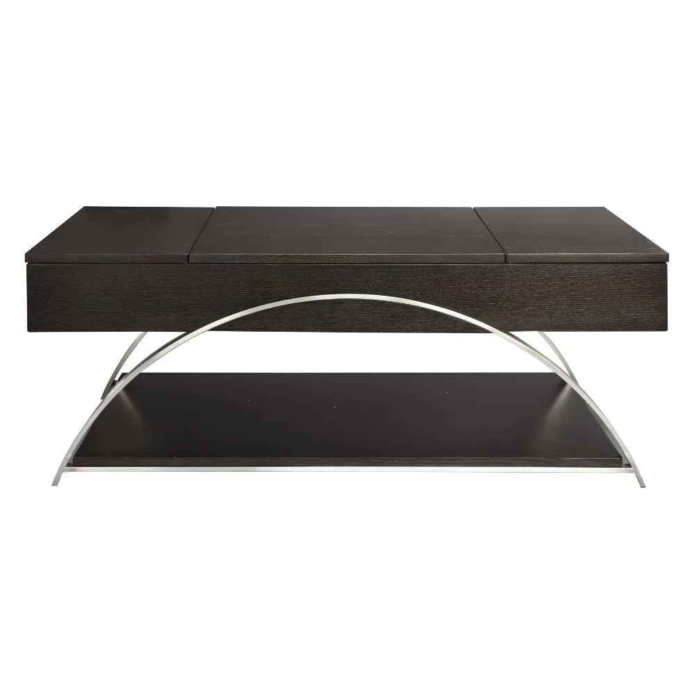 Modern Elevated Coffee Table – Espresso Finish Wood with Chrome Metal Display Shelf