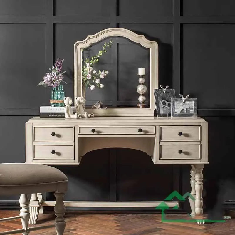 Luxury Wooden Dressing Table with Stool, Large Storage for Girls