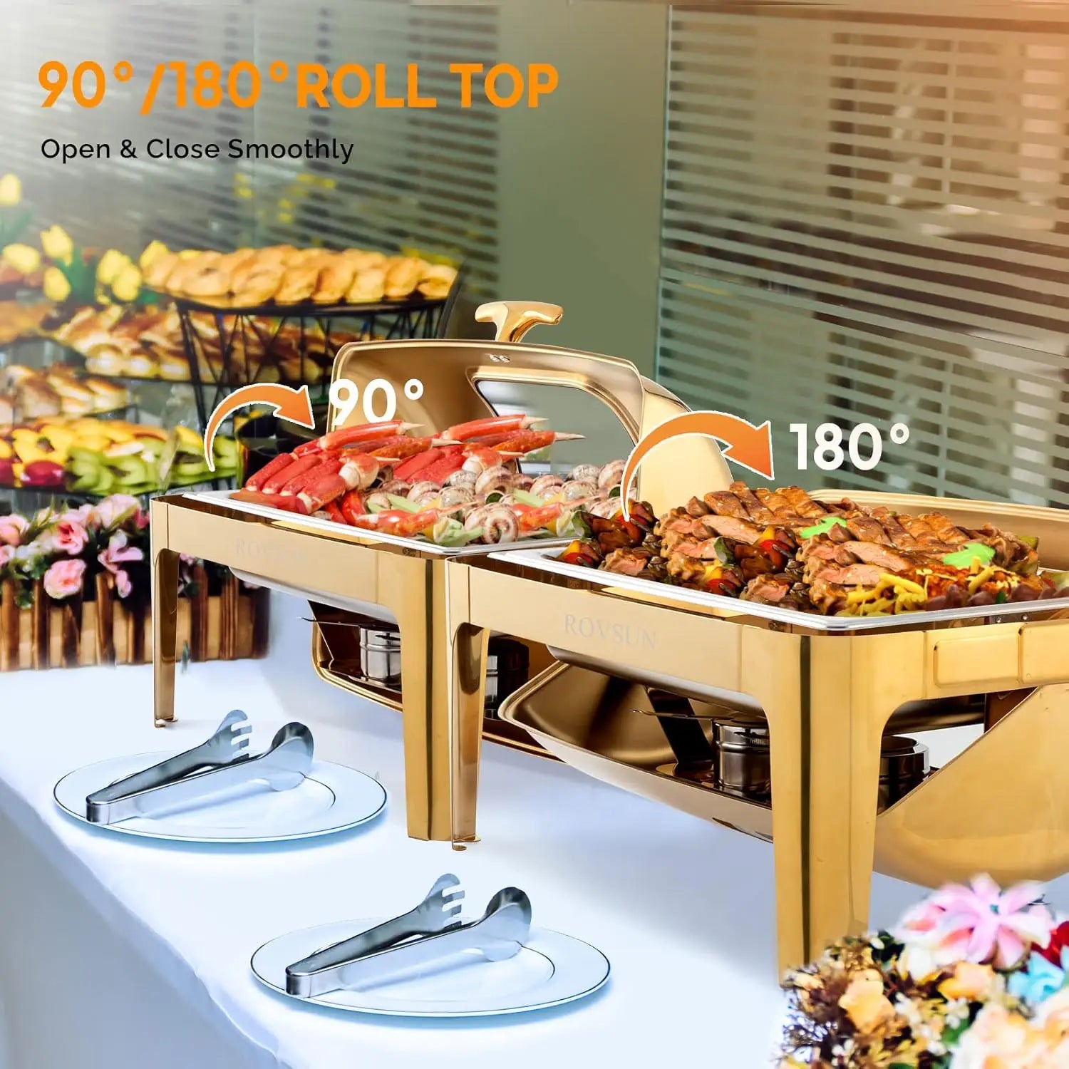 ROVSUN 9QT 3 Packs Roll Top Chafing Dish Buffet Set,Rectangular NSF Stainless Steel Buffet Warmer Chafers and Buffet Warmers
