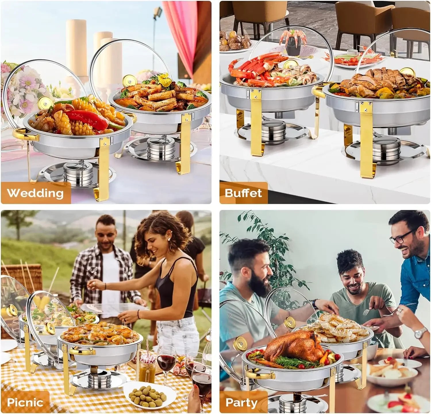 Packs Chafing Dish Buffet Set Gold Accent Round NSF Stainless Steel Warmer Glass Lid Holder Catering Event Partie