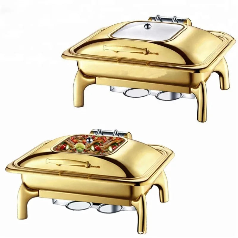 9L Catering Roll-Top Chafing Dish – Brass Plated Food Warmer with Window, Golden Color Buffet Furnace.