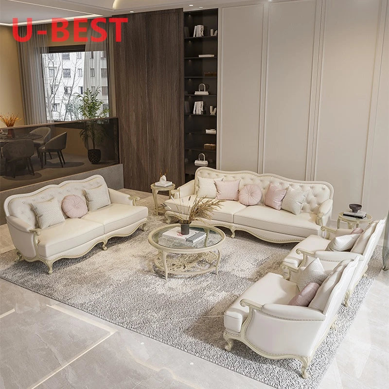 U-BEST Antique Style Hand Carved Solid Oak Wood Frame Sofa Fabric Cushion Loveseat Royal Gold Stainless Steel Wedding Sofa