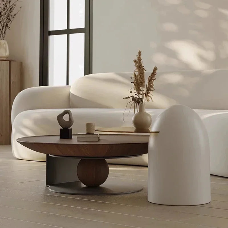 Italian Luxury Coffee Table – Modern Vintage Wood with Round Metal Frame Legs