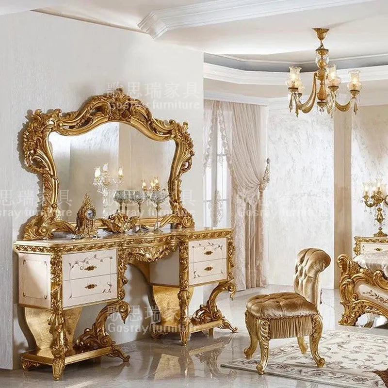 European style solid wood luxury carved bedroom dressing table Makeup table French court gold foil hand-painted makeup table