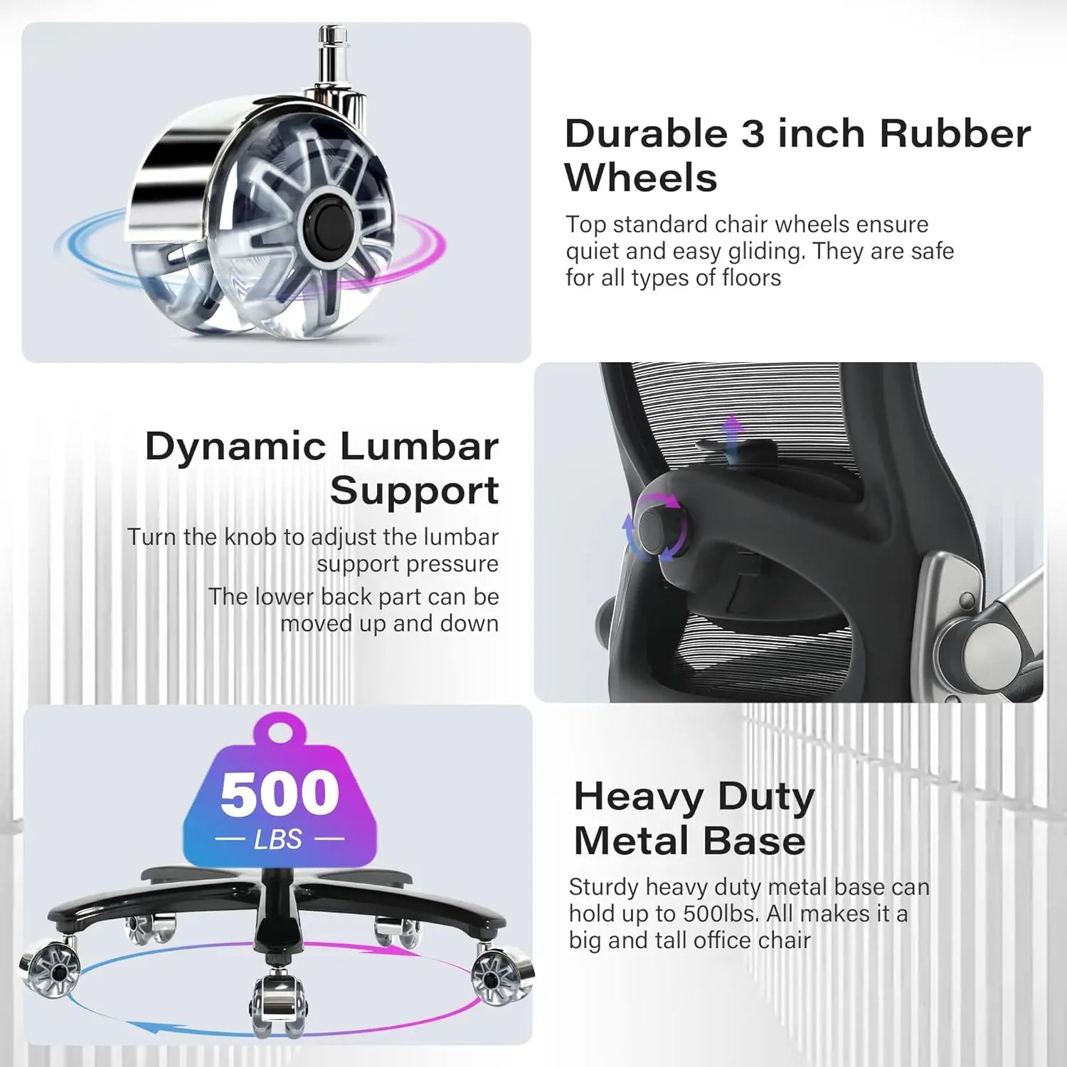 500lbs Big & Tall Office Chair – Heavy Duty Executive Mesh Chair with 3D Flip Arms, Large Wheels, Ergonomic High Back