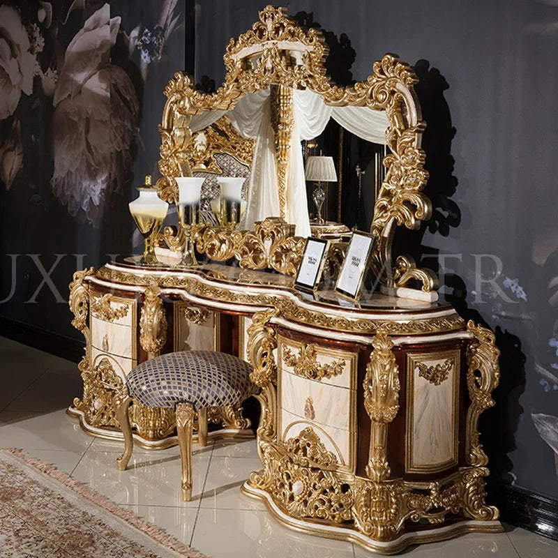 European solid wood carving bedroom vanity mirror bench combination villa makeup table luxury solid wood bed