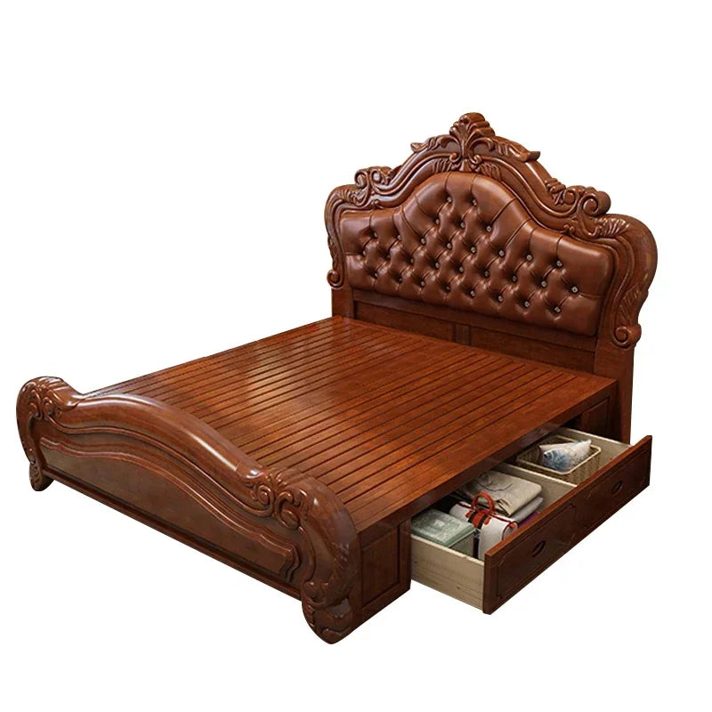Wood Unique Luxury Bed King Size Master Cheap Upholstered Queen Bed Modern Genuine Leather Letto Matrimoniale Home Furniture
