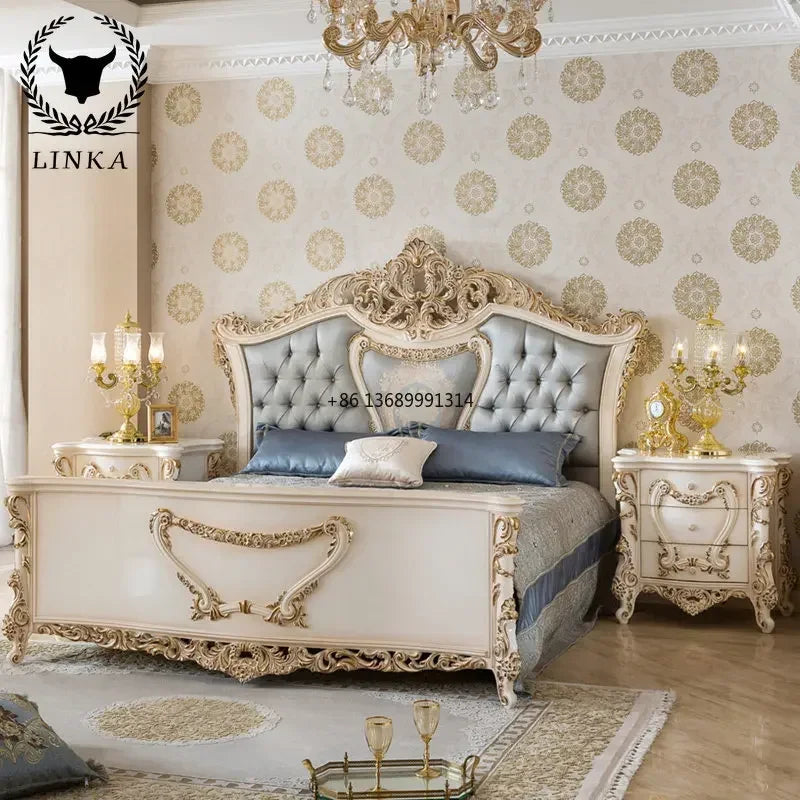 European-Style Custom-Made Solid Wood Upholstered Bed