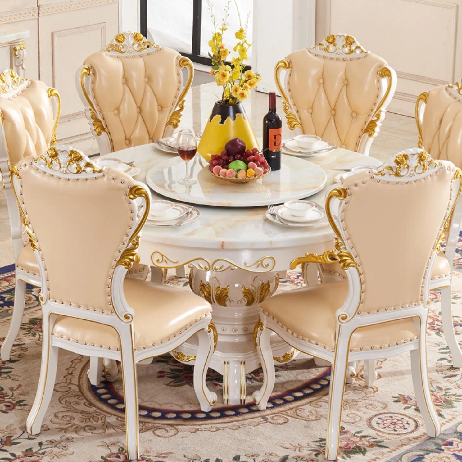 ropean-Style Dining Table: All Solid Wood with Marble and Turntable for Household Use