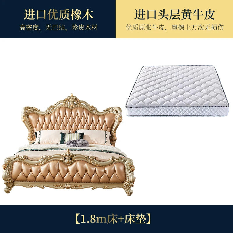 European Style Solid Wood King Bed: 1.8m Double Head with Layered Cowhide and Oak Carvings—Ideal for Master Bedrooms and Weddings.