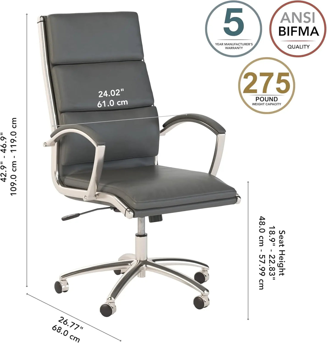 Office 500 High Back Executive Chair, Dark Gray Leather