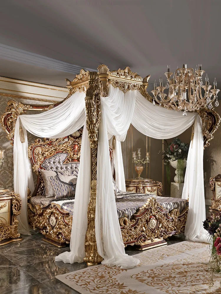 Wood Carved Palace Luxury Canopy Bed Villa Princess Bed