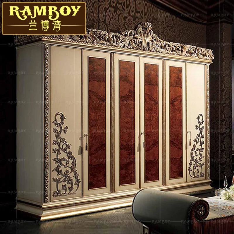 Villa Italian luxury wardrobe European solid wood carving six-door wardrobe bedroom locker