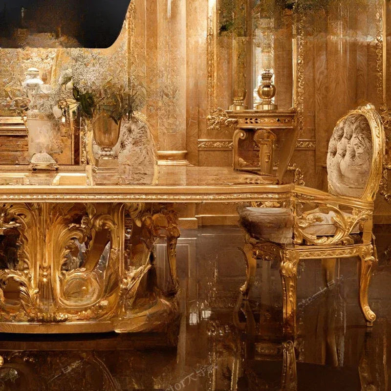 French luxury palace villa dining table, European solid wood round dining table, large unit gold foil patterned rectangular dini