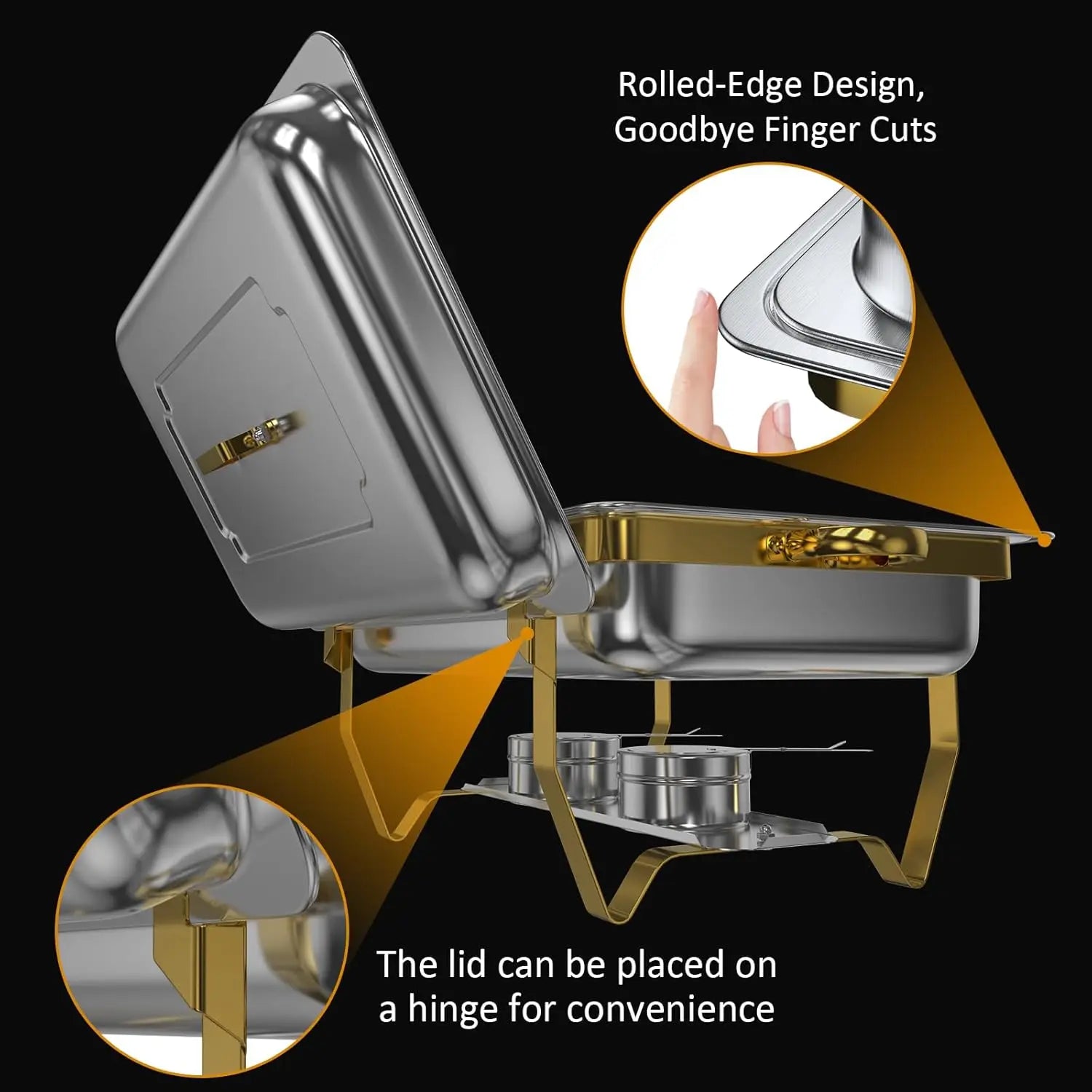 8QT High-Grade Chafing Dishes – Buffet Warmers with Gold Rolled-Edge Design, Ideal for Weddings & Birthdays