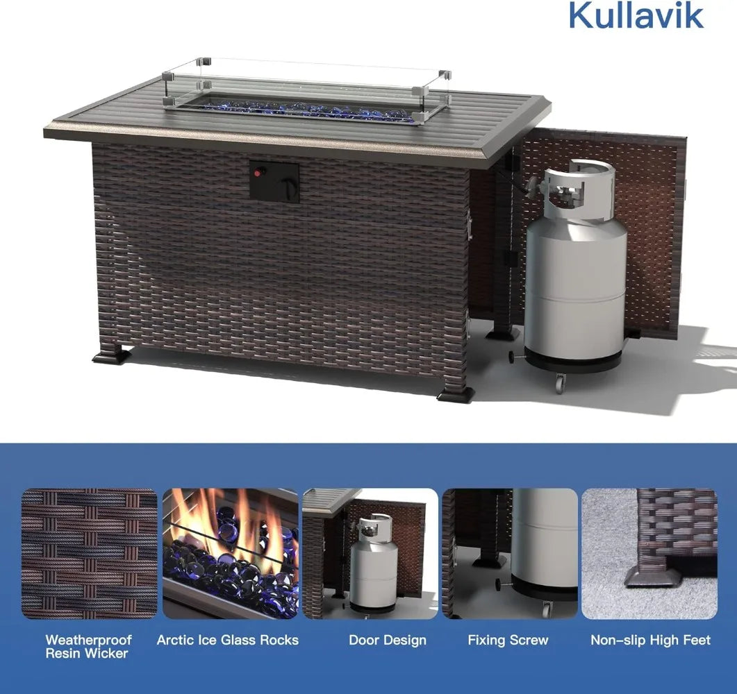 43" Gas Propane Fire Pit Table with PE Wicker Rattan Sectional Sofa. 55000 BTU.