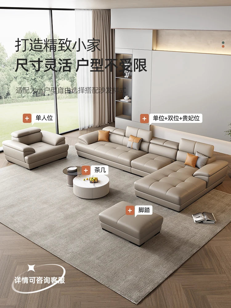 Nordic leather sofa with cowhide top layer, simple modern size, living room, Italian minimalist cream style leather sofa