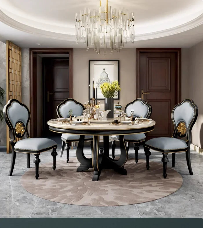American Marble & Solid Wood Round Dining Table with Turntable – Light Luxury Dining Table & Chair Set