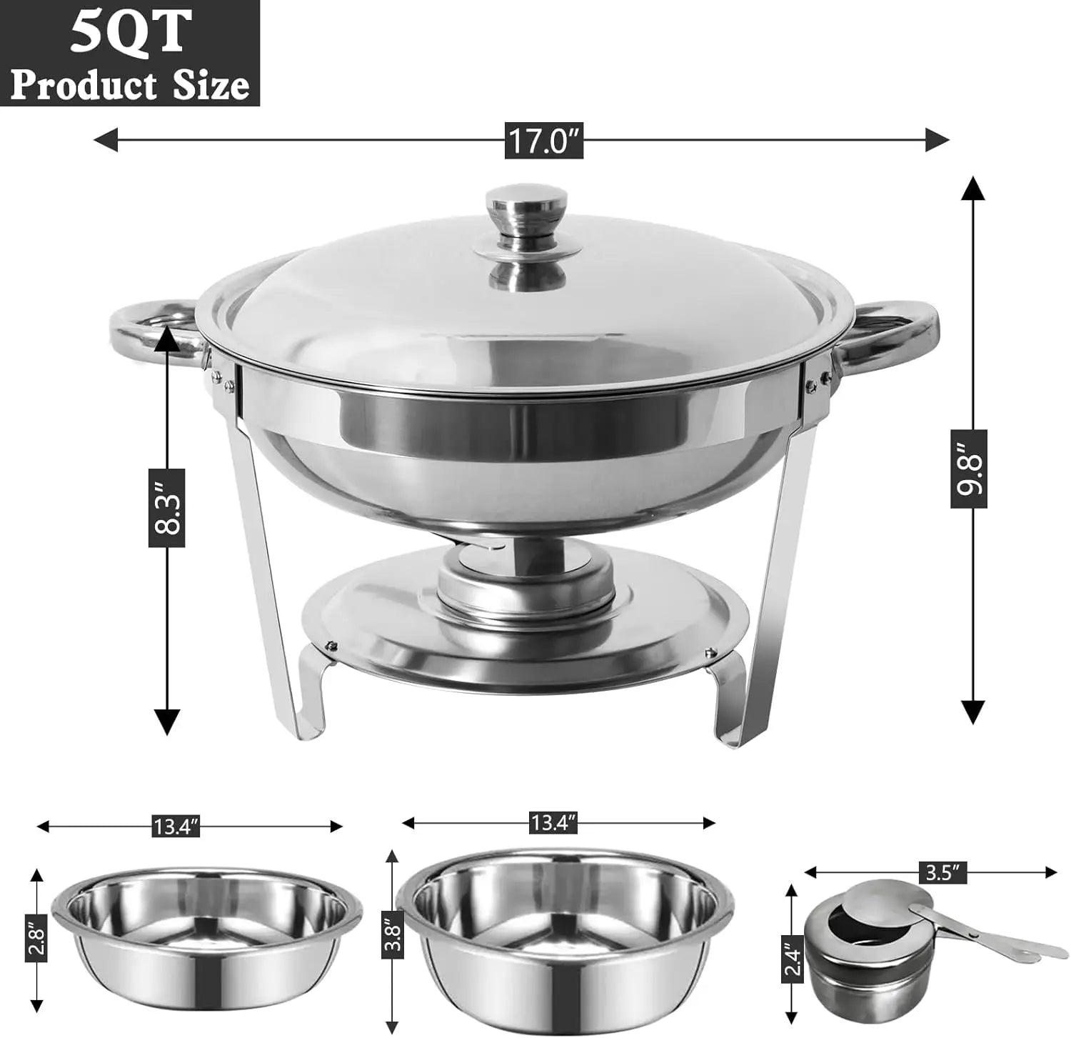 5QT Stainless Steel Round Chafing Dish Buffet Set – Includes Food & Water Trays for Catering