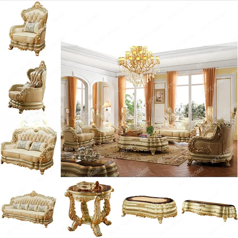 Furniture Leather Sofa Combination Living Room Double-Sided Solid Wood Carved Villa High-End Sofa home furniture